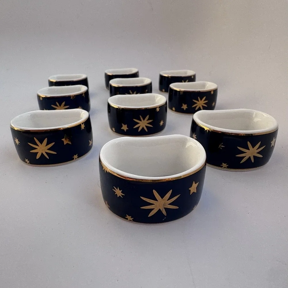 VTG 90s Sakura Napkin Rings Celestial Stars (10) Porcelain 14K Gold Night Sky